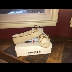 Minnetonka Tan Slippers. Never worn. Box included